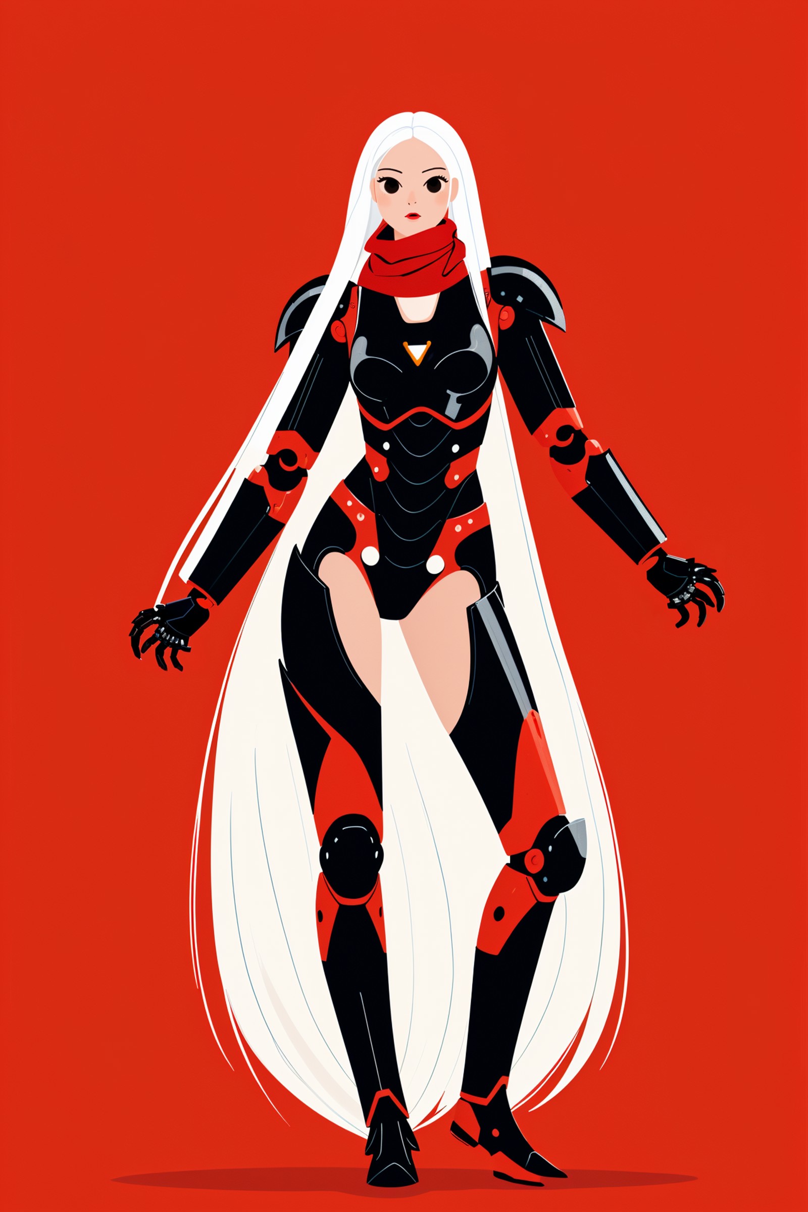 (Fllustration:1.2),flat,
high quality,1girl,android,(black and red) upper armor,mechanical arms,scarf,long hair,white hair...